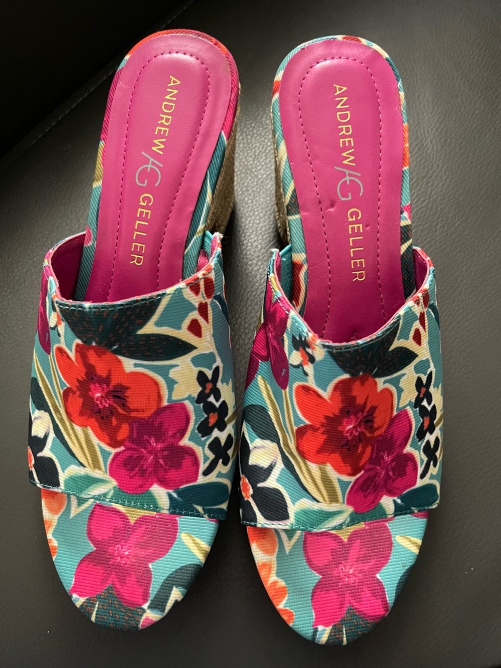 Andrew Geller Floral Slide Mules in Pink, Teal & Orange